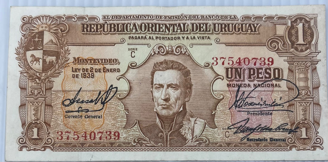 Uruguay 1939 1 Peso P-35 Circulated World Banknote — back