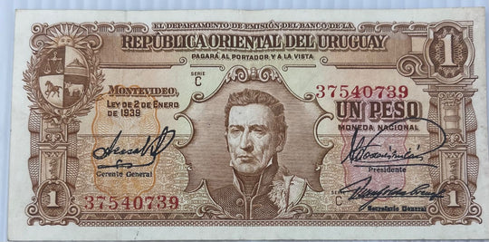 Uruguay 1939 1 Peso P-35 Circulated World Banknote — back