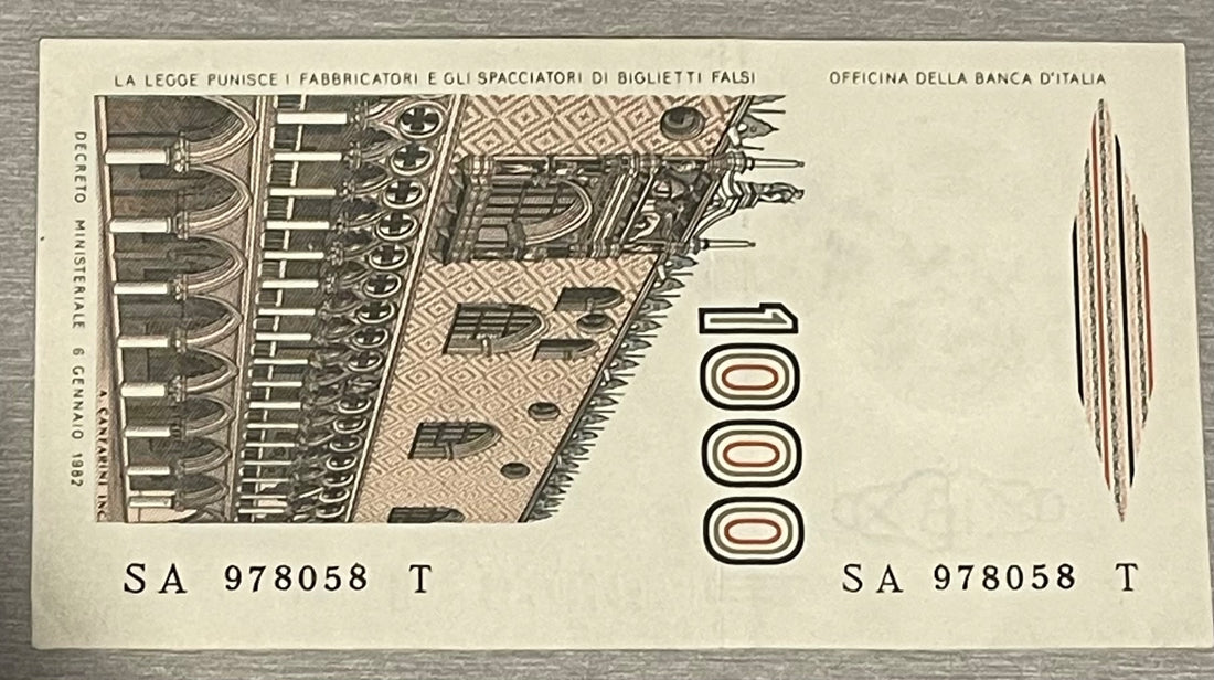 Italy 1982 1000 Lire P-109 Circulated World Banknote — back