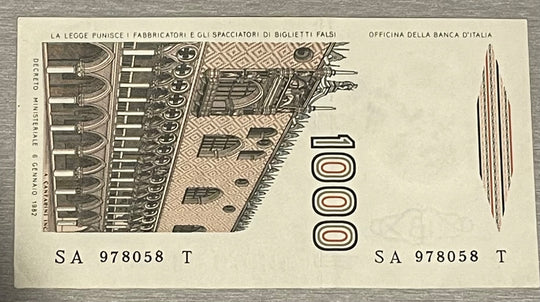 Italy 1982 1000 Lire P-109 Circulated World Banknote — back
