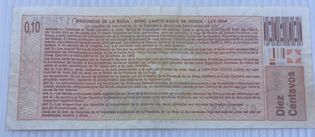 Argentina 1986 10 Centavos P-S2501 Circulated World Banknote — back