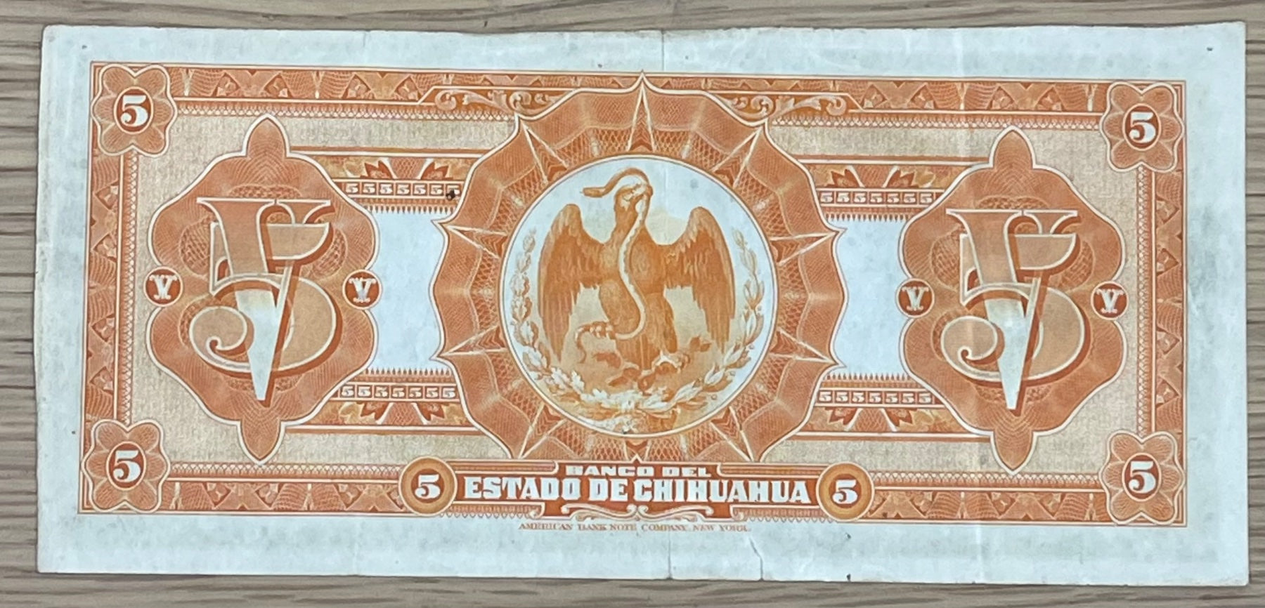 Mexico 1913 5 Pesos P-S132 Circulated World Banknote Note Shown — back