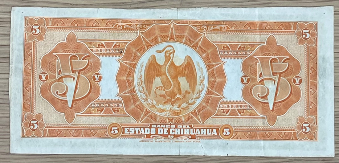 Mexico 1913 5 Pesos P-S132 Circulated World Banknote Note Shown — back