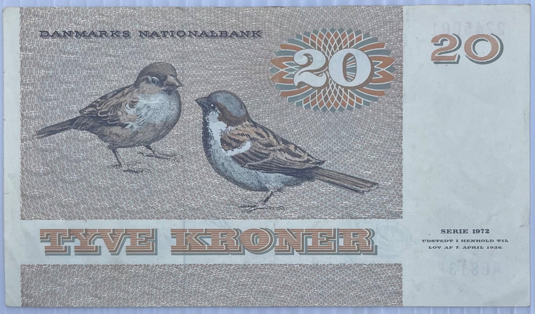 Denmark 1972 20 Kroner Circulated World Banknote Note Shown — back