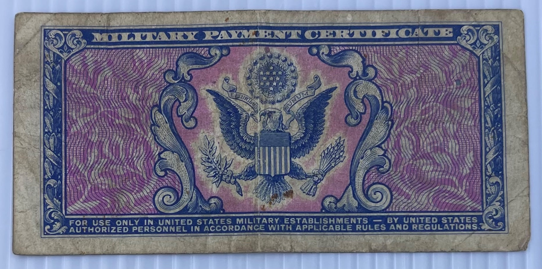 United States 1951-1954 5 Cents Military Payment Certificate Series 481 5¢ Circulated World Banknote Note Shown — back