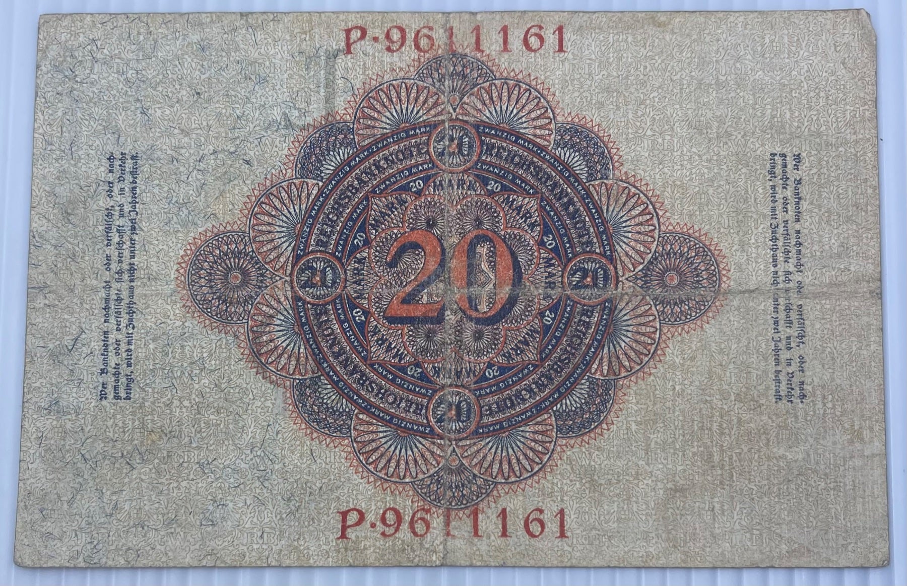Germany 1914 20 Mark P-42 Circulated World Banknote From Lot — back