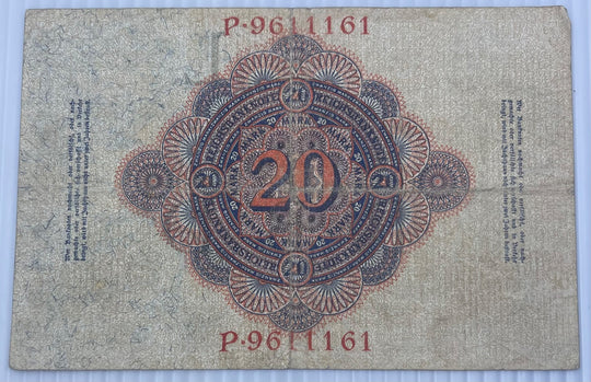 Germany 1914 20 Mark P-42 Circulated World Banknote From Lot — back