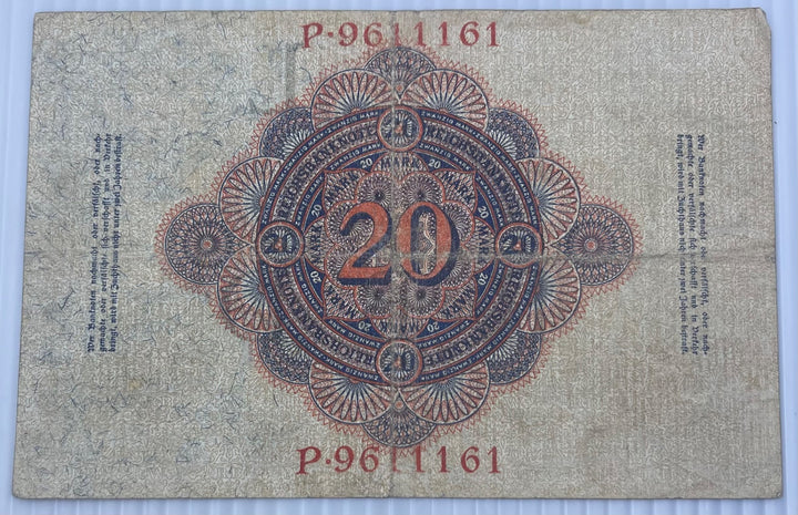 Germany 1914 20 Mark P-42 Circulated World Banknote From Lot — back