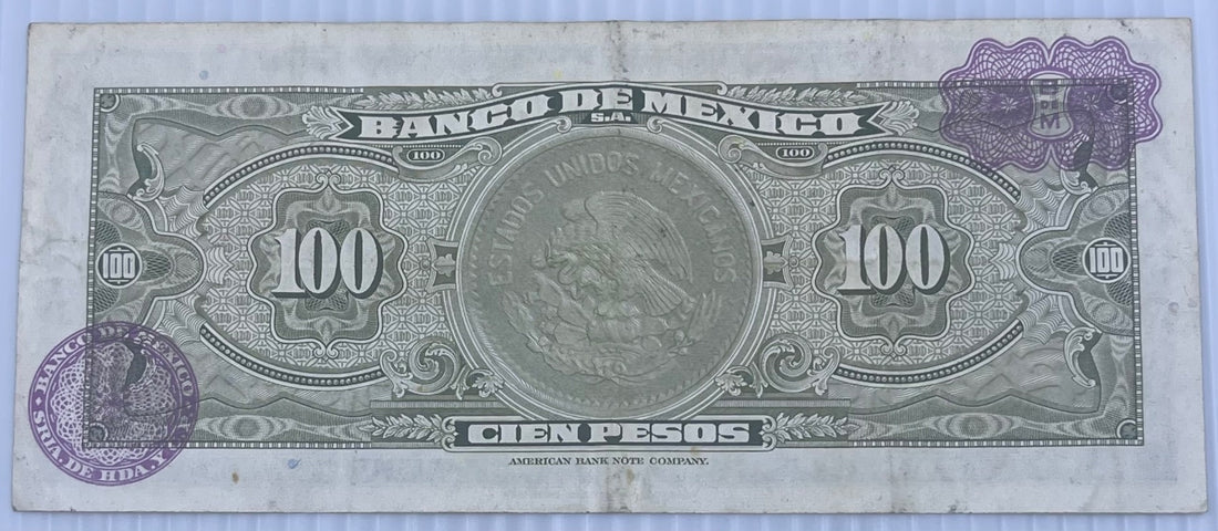 Mexico 1971 100 Pesos P-61  Circulated World Banknote Note Shown — back