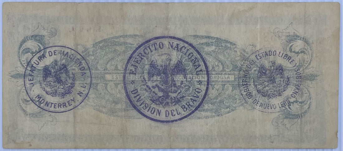 Mexico 1914 2 Pesos Uncertain P-number — División del Bravo (Monterrey) 2 Pesos, 1914, Serie C.A. Circulated World Banknote Note Shown — back