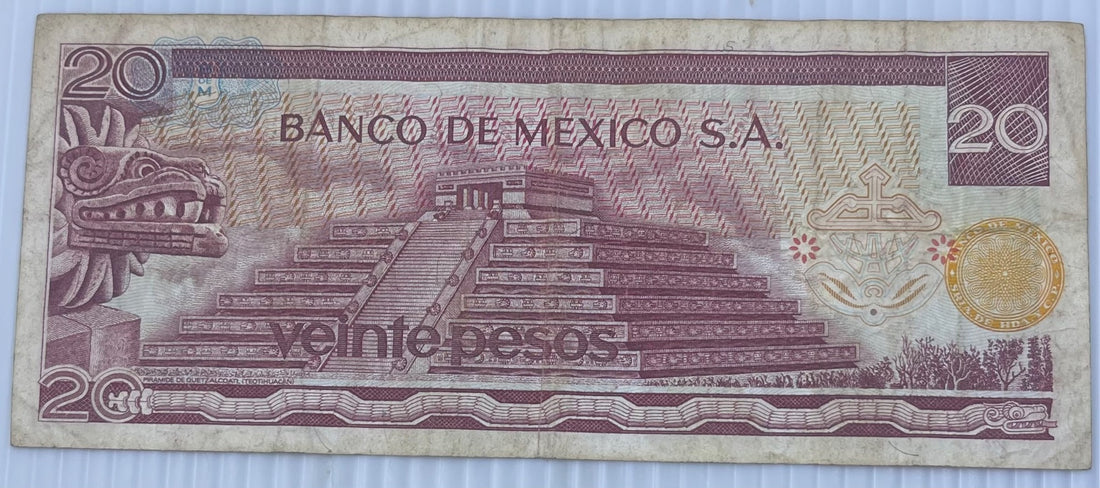 Mexico 1973 20 Pesos P-64 Circulated World Banknote Note Shown — back
