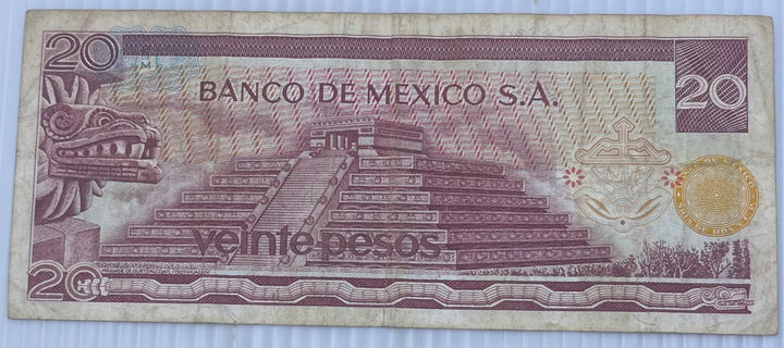 Mexico 1973 20 Pesos P-64 Circulated World Banknote Note Shown — back