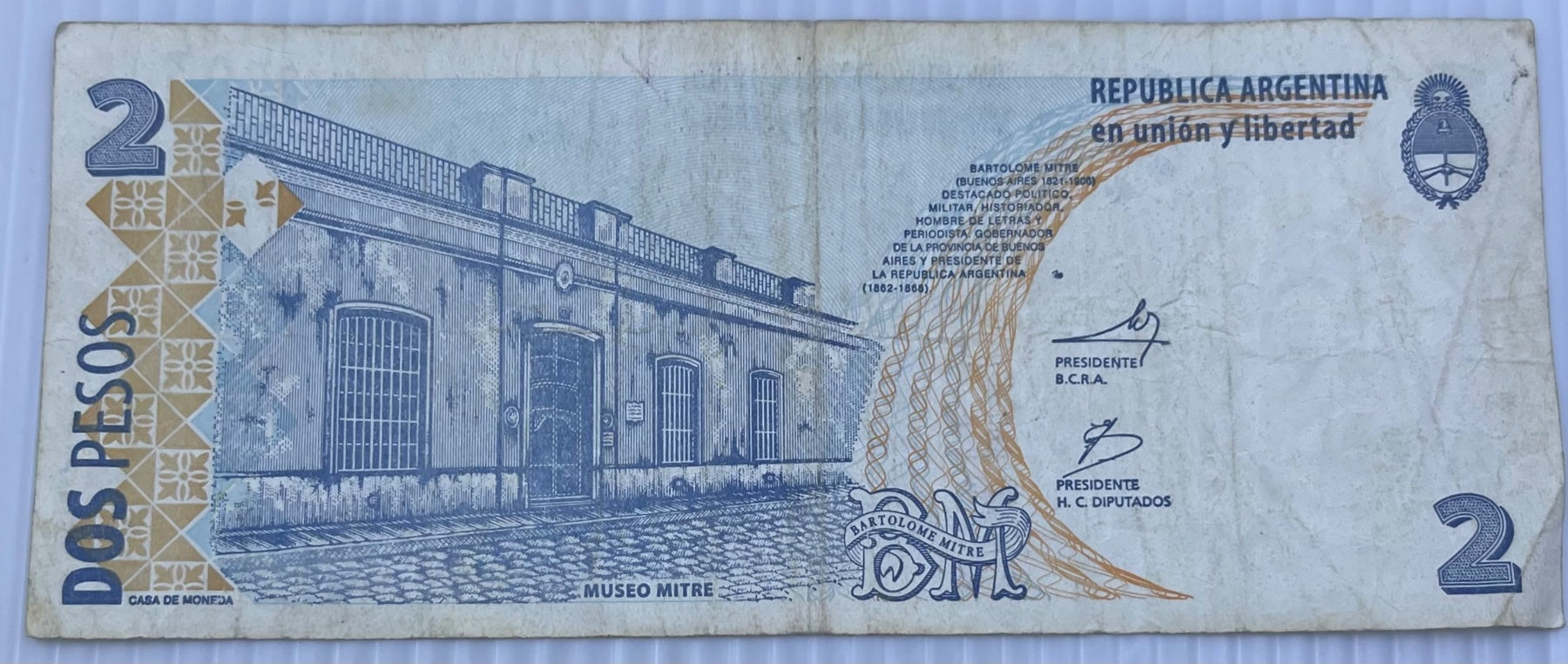 Argentina 1997 2 Pesos P-352 Circulated World Banknote — back