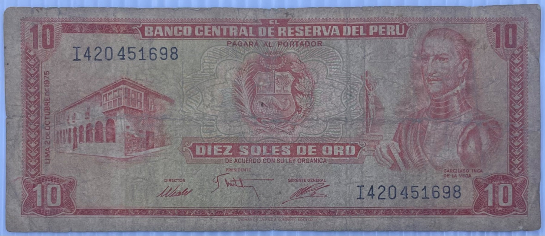 Peru 1975 10 Soles de Oro P-86 Circulated World Banknote — back