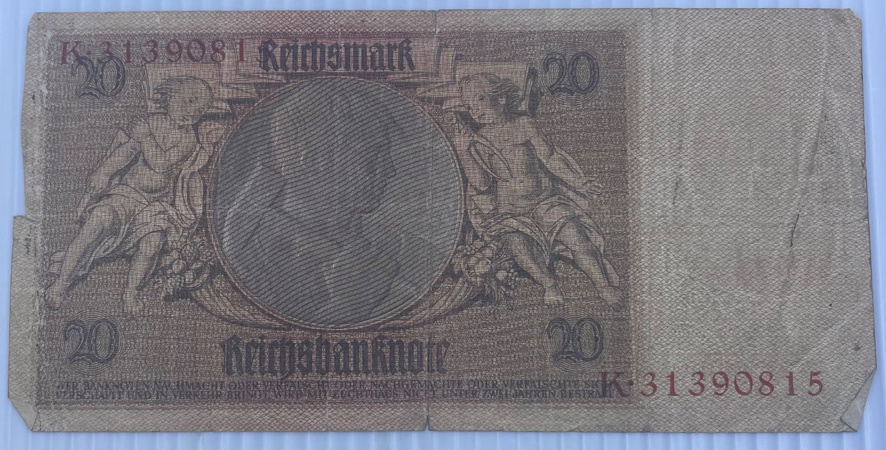 Germany 1929 20 Reichsmark P-182 Circulated World Banknote Note Shown — back