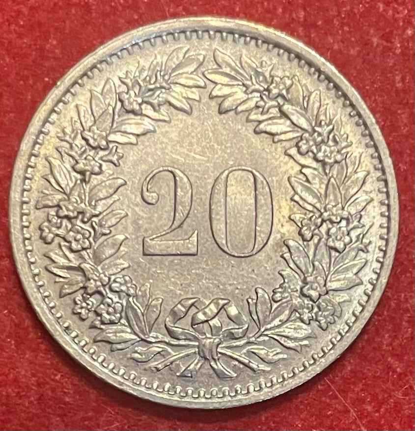 Switzerland 1970 20 Rappen (20 Centimes) Swiss Franc (CHF) KM-26 Circulated World Coin Item Shown — back