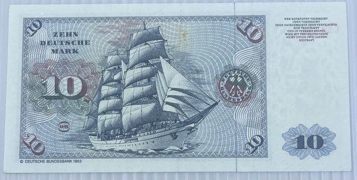 Germany 1980 10 Deutsche Mark P-31 Circulated World Banknote Note Shown — back