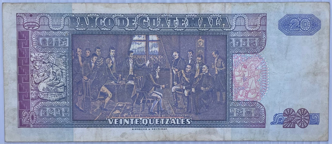 Guatemala 1972 20 quetzales Circulated World Banknote Note Shown — back