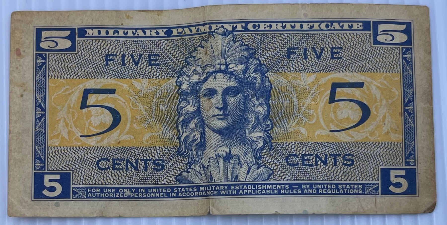 United States 1954-1958 5 Cents Military Payment Certificate Series 521 – 5 Cents (Block E) Circulated World Banknote Note Shown — back