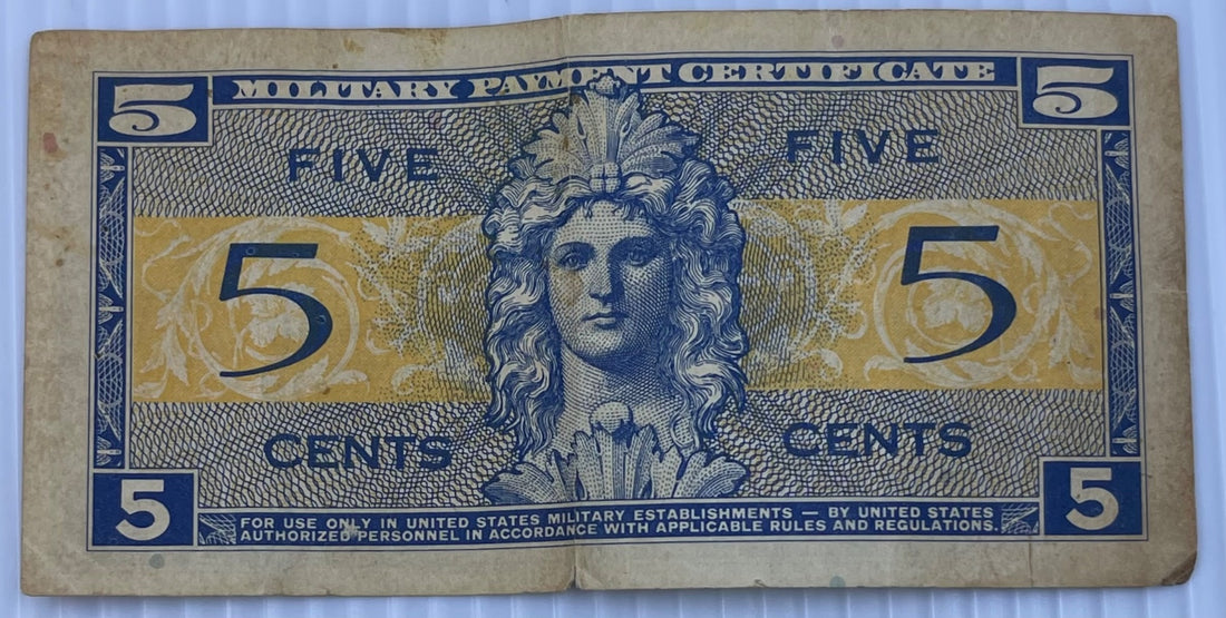 United States 1954-1958 5 Cents Military Payment Certificate Series 521 – 5 Cents (Block E) Circulated World Banknote Note Shown — back
