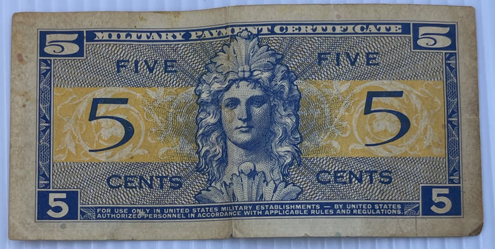 United States 1954-1958 5 Cents Military Payment Certificate Series 521 – 5 Cents (Block E) Circulated World Banknote Note Shown — back