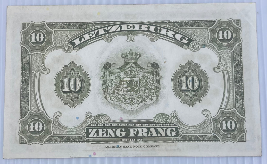 Luxembourg 1944 10 Francs P-44 Circulated World Banknote Note Shown — back