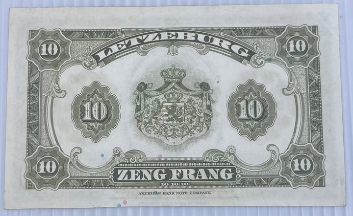 Luxembourg 1944 10 Francs P-44 Circulated World Banknote Note Shown — back