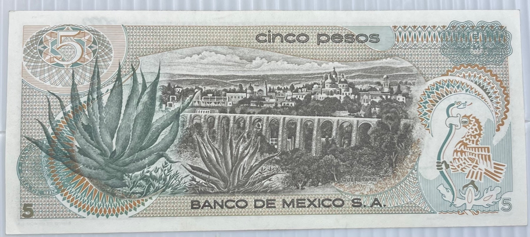 Mexico 1961 5 Pesos P-62 UNC World Banknote — back