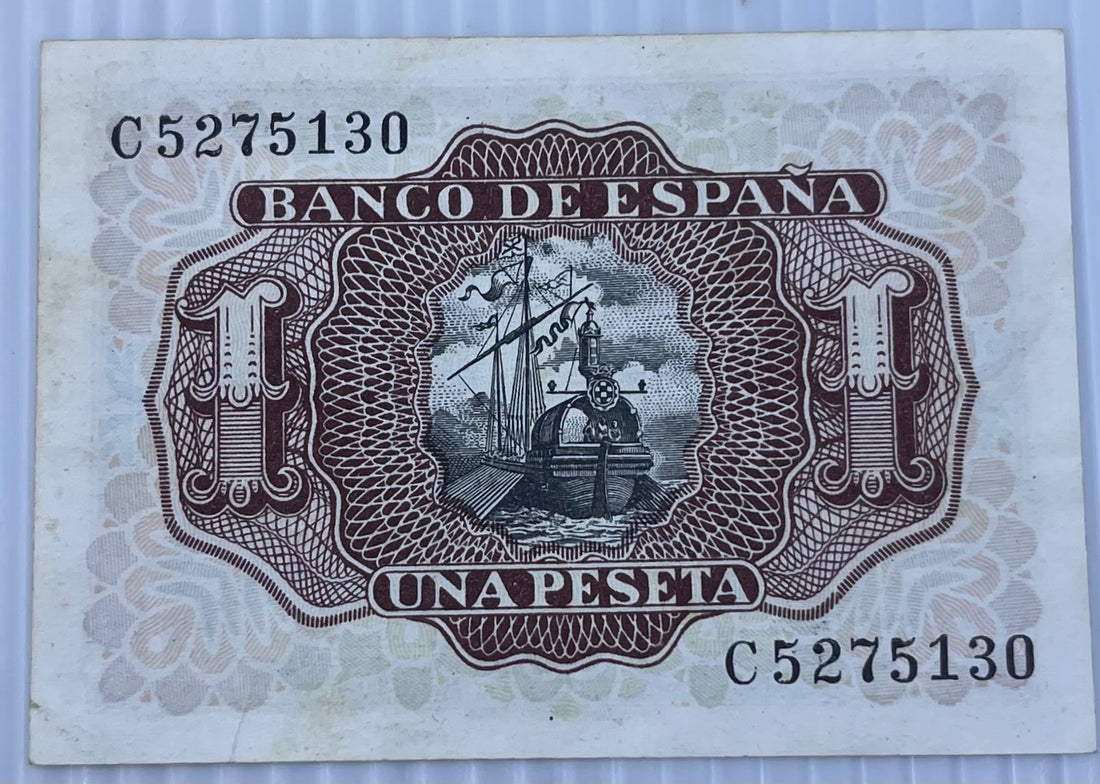 Spain 1953 1 Peseta P-144 Circulated World Banknote Note Shown — back