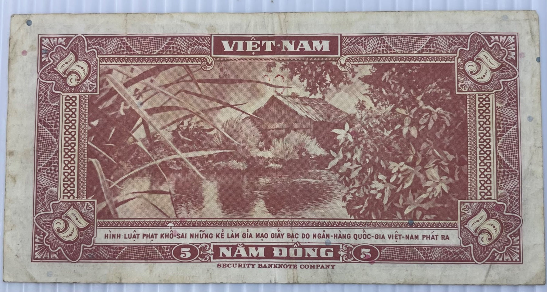 South Vietnam 1955 5 Đồng P-2 Circulated World Banknote Note Shown — back