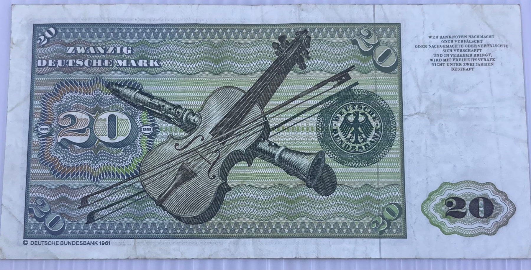 Germany 1960 20 Deutsche Mark P-36 Circulated World Banknote Note Shown — back