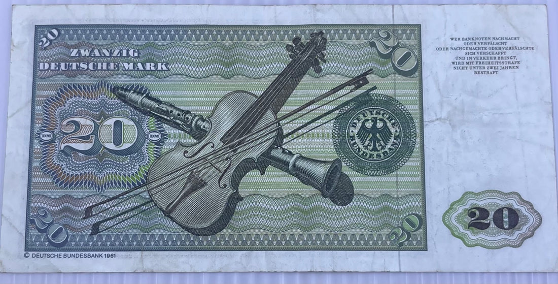 Germany 1960 20 Deutsche Mark P-36 Circulated World Banknote Note Shown — back