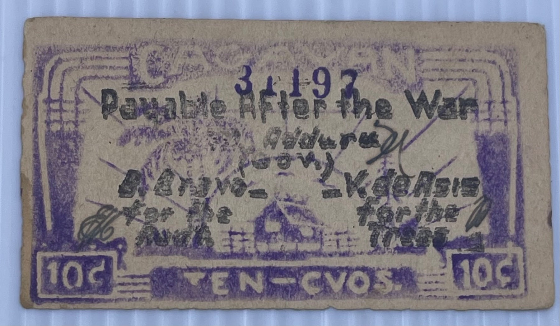 Philippines 1942 10 Centavos P-S180 Circulated World Banknote Note Shown — back