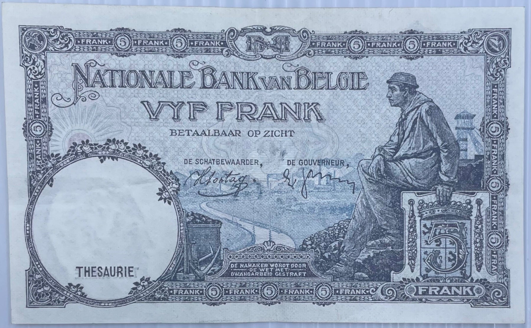 Belgium 1919 5 Francs Circulated World Banknote Note Shown — back