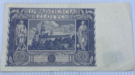 Poland 1936 20 Zlotych P-77 Circulated World Banknote — back