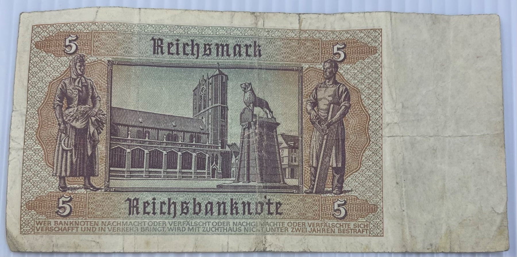 Germany 1942 5 Reichsmark P-182 Circulated World Banknote — back