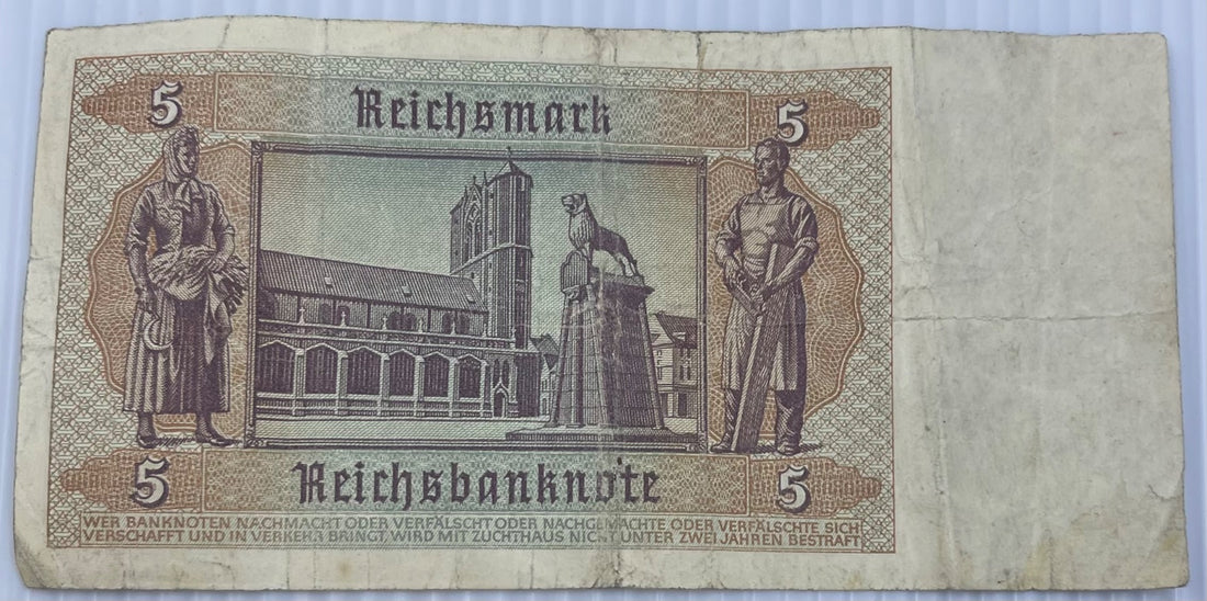 Germany 1942 5 Reichsmark P-182 Circulated World Banknote — back