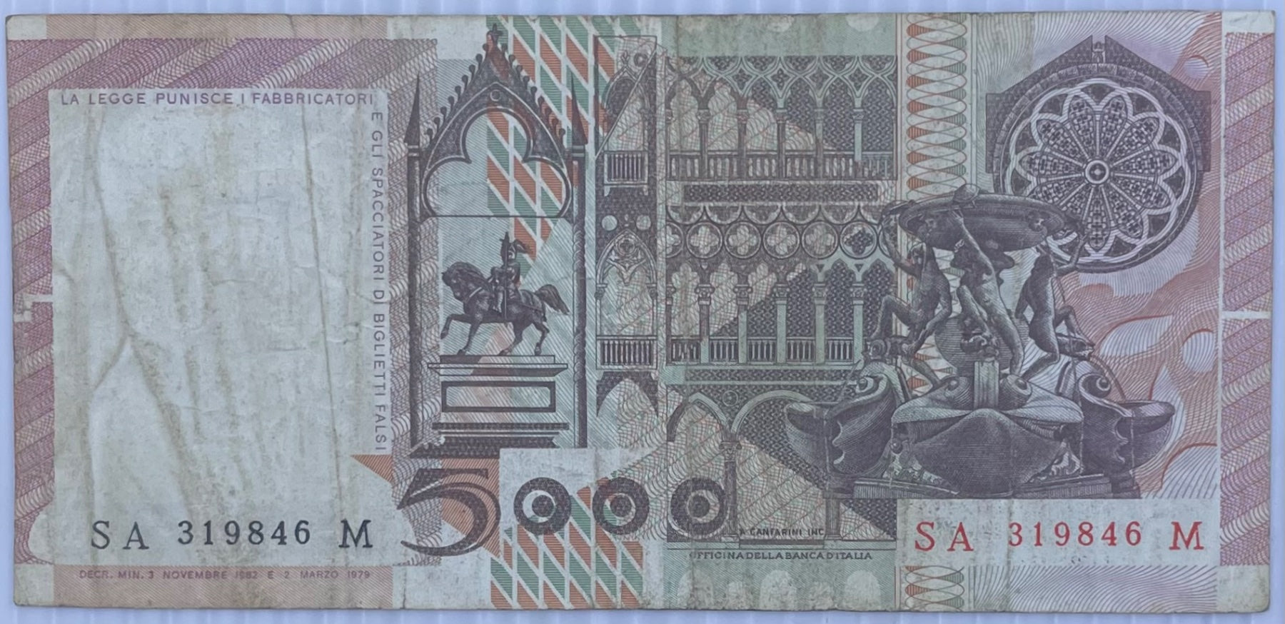 Italy 1964 5000 lire Circulated World Banknote Note Shown — back
