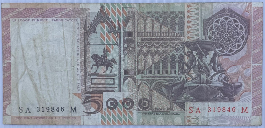 Italy 1964 5000 lire Circulated World Banknote Note Shown — back