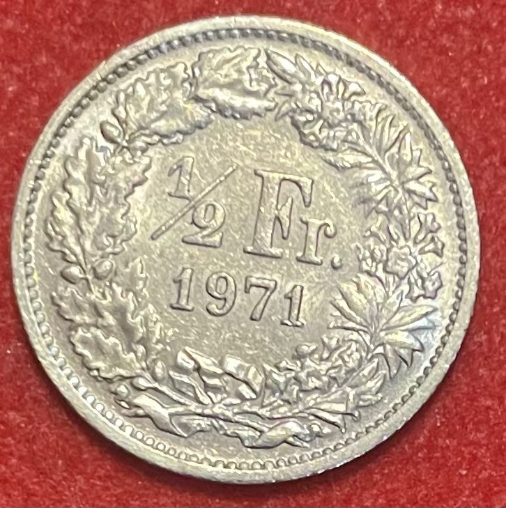 Switzerland 1971 1/2 Franc Swiss franc (CHF) KM-27 Circulated World Coin Item Shown — back