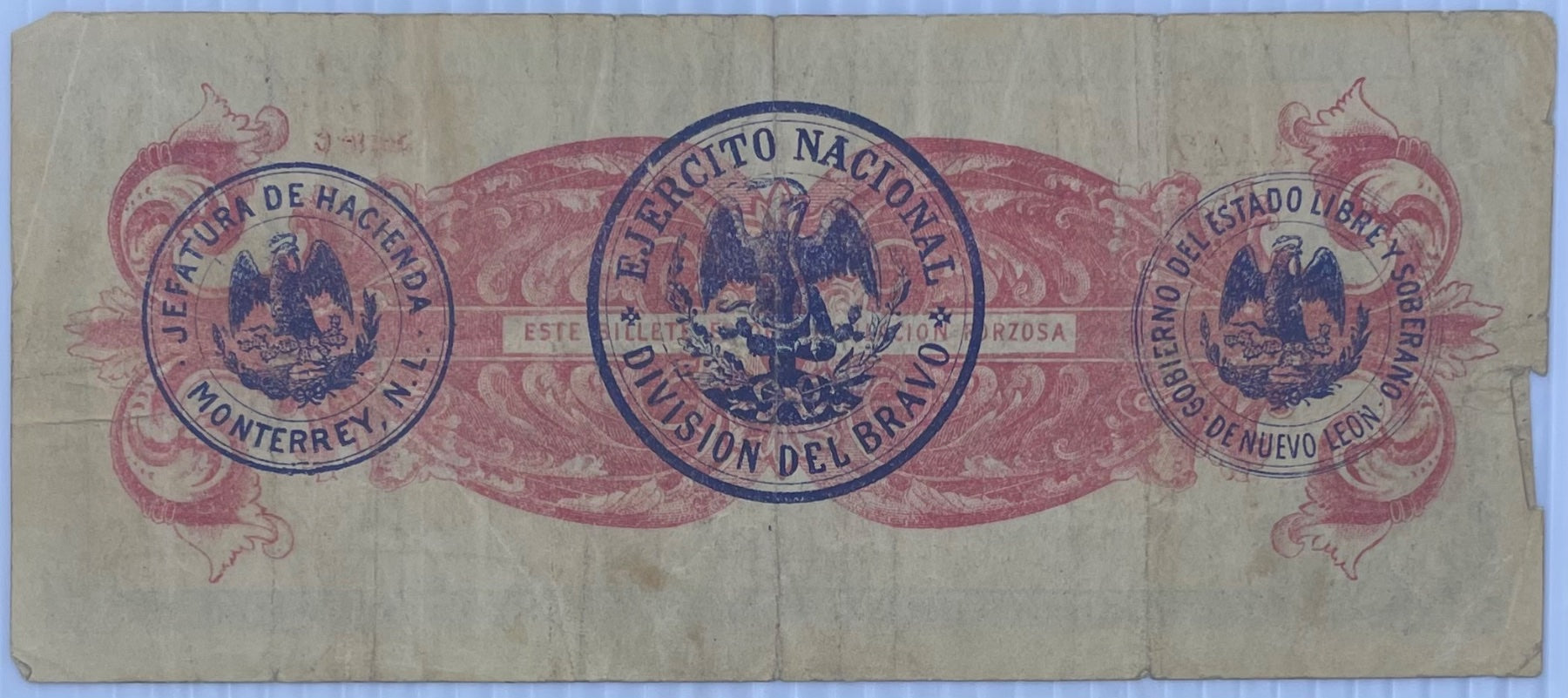 Mexico 8 de Enero de 1914 1 Peso P‑S (Nuevo León—Monterrey) 1 Peso, 1914 “Seals on back” type Circulated World Banknote Note Shown — back