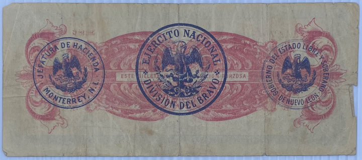 Mexico 8 de Enero de 1914 1 Peso P‑S (Nuevo León—Monterrey) 1 Peso, 1914 “Seals on back” type Circulated World Banknote Note Shown — back