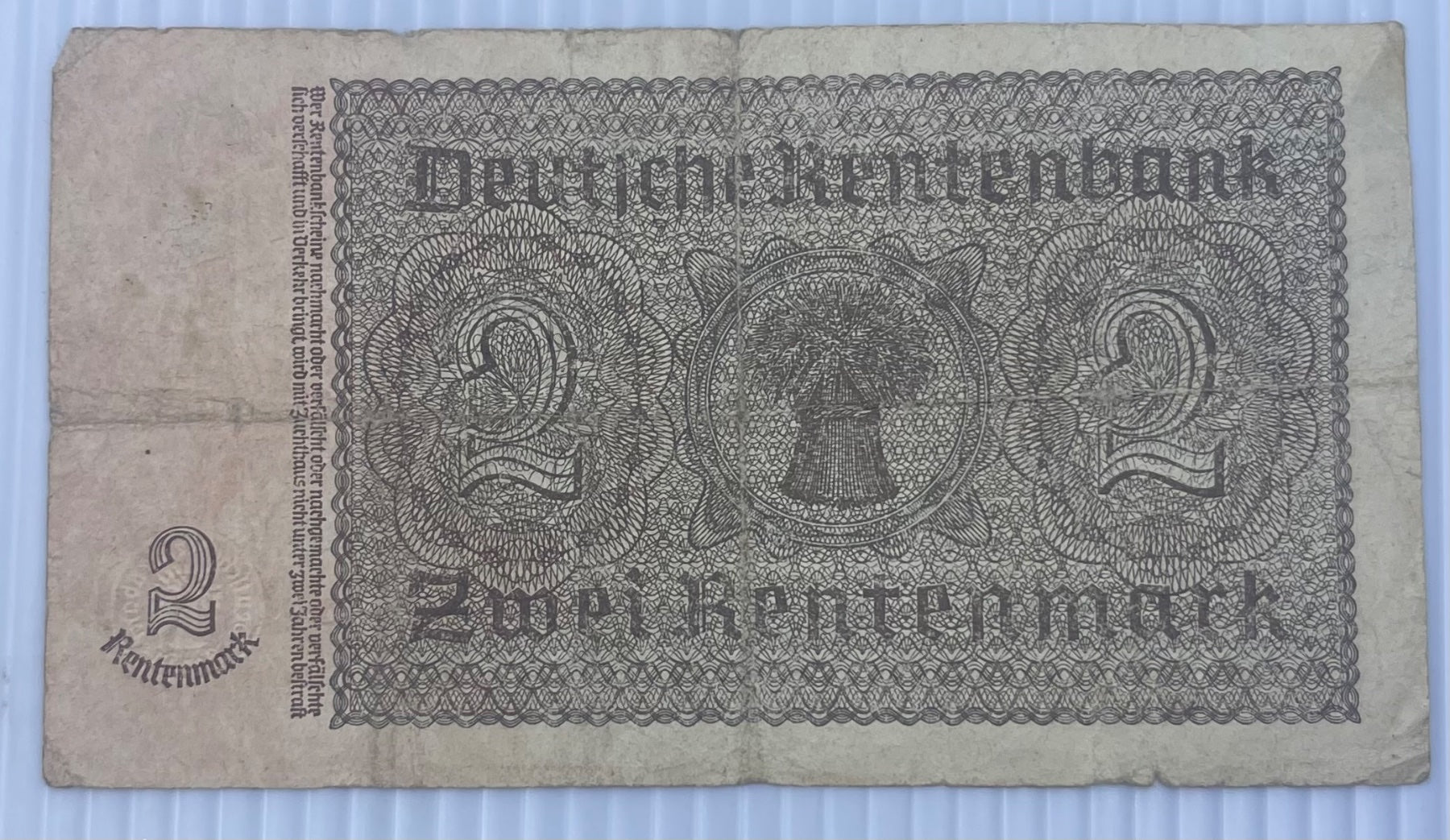Germany 1937 2 Rentenmark P-182 Circulated World Banknote From Lot — back