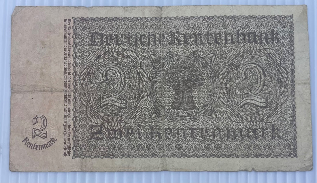 Germany 1937 2 Rentenmark P-182 Circulated World Banknote From Lot — back
