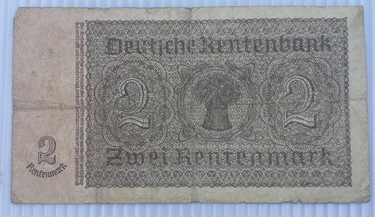 Germany 1937 2 Rentenmark P-182 Circulated World Banknote From Lot — back