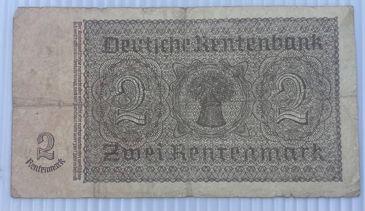 Germany 1937 2 Rentenmark P-182 Circulated World Banknote From Lot — back