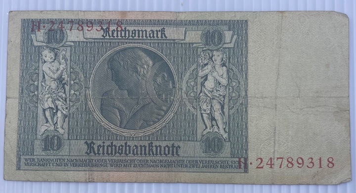 Germany 1929 10 Reichsmark P-181 Circulated World Banknote Note Shown — back