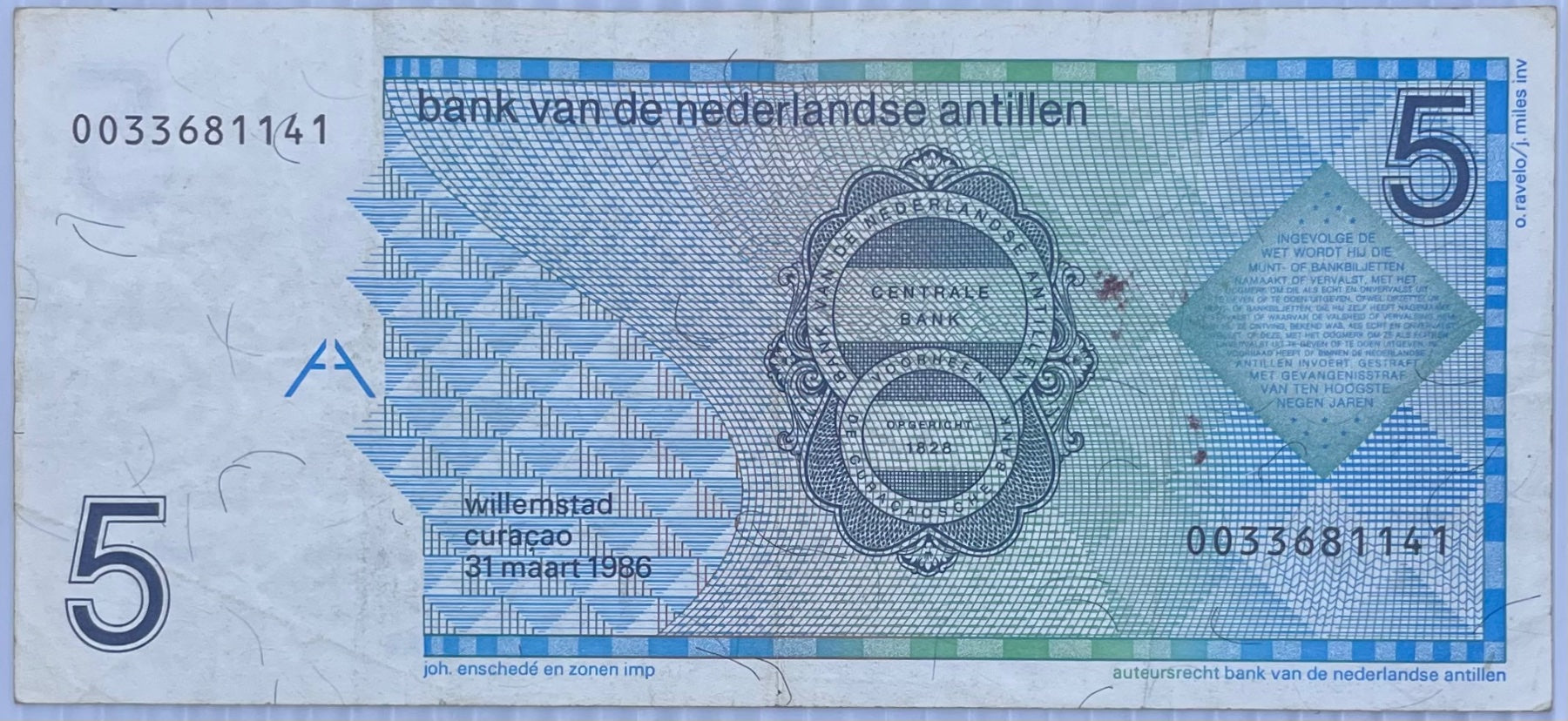 Netherlands Antilles 1986 5 Gulden Circulated World Banknote Note Shown — back