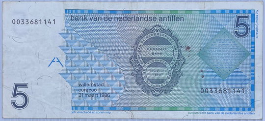 Netherlands Antilles 1986 5 Gulden Circulated World Banknote Note Shown — back