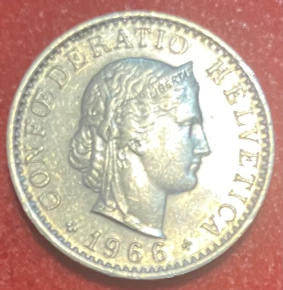 Switzerland 1966 20 Rappen (20 Centimes) Swiss Franc (CHF) KM-33 Circulated World Coin Item Shown — back